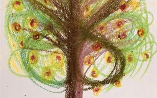 disegno di arteterapia di albero a pastelli sorretto da parole di buoni propositi