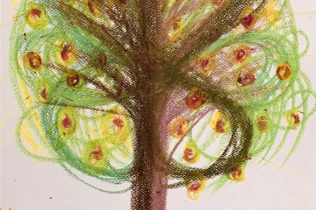 disegno di arteterapia di albero a pastelli sorretto da parole di buoni propositi