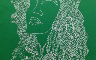 composizione di arteterapia raffigurante un volto di donna tratteggiato in bianco su sfondo verde