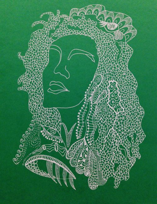 composizione di arteterapia raffigurante un volto di donna tratteggiato in bianco su sfondo verde